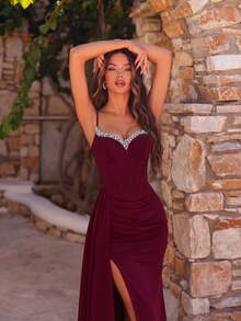 ADYCE Women's Spaghetti Strap Rhinestone Decor High Waist Slit Backless Mermaid Maxi Dress, Suitable For Formal Parties, Galas, Wedding Guests, Graduations, New Year And Other Occasions - Burgundy - View 5