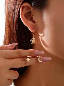 6件套简约时尚金属星星、月亮、太阳耳环套装，女士日常佩戴 - 金黃色6件套裝 - 查看 1