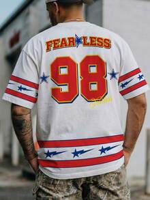 男士圆领T恤，运动街头风学院风图案T恤 - 白色 - 查看 2