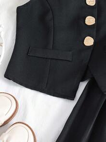 Left Mama Tween GirlsFashionable Black Vest Top With Gold Buttons & Pleated Skirt Set, Summer School/Work Outfit - Black - View 5