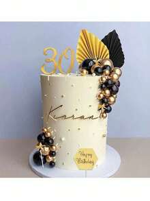 44pcs Bohemian Style Black & Gold Foam Ball Cake Decorations, Faux Palm Leaf Folding Fan, Gold Number 0-9, Happy Birthday Cake Toppers, Baptism Wedding Anniversary Bachelor Party Retirement Party Men's Black & Gold Theme Birthday Cake Decor (Please Use With Sticks) - Multicolor - View 4