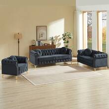 Modern Velvet Chesterfield Modular Sofa Couch Set With Tufted Button Back, Copper Stud Trim, Metal Legs & Decorative Armrest Rings, Spring Cushion Living Room Sofa, Single Seat, Loveseat & 3 Seater Upholstered Couch For Home Apartment - 黑色 - 查看 7