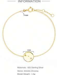 FOREVER QUEEN 1pc 925 Sterling Silver 12 Zodiac Cubic Zirconia Delicate Chain Bracelet For Women, Daily Wear - Gold - View 2