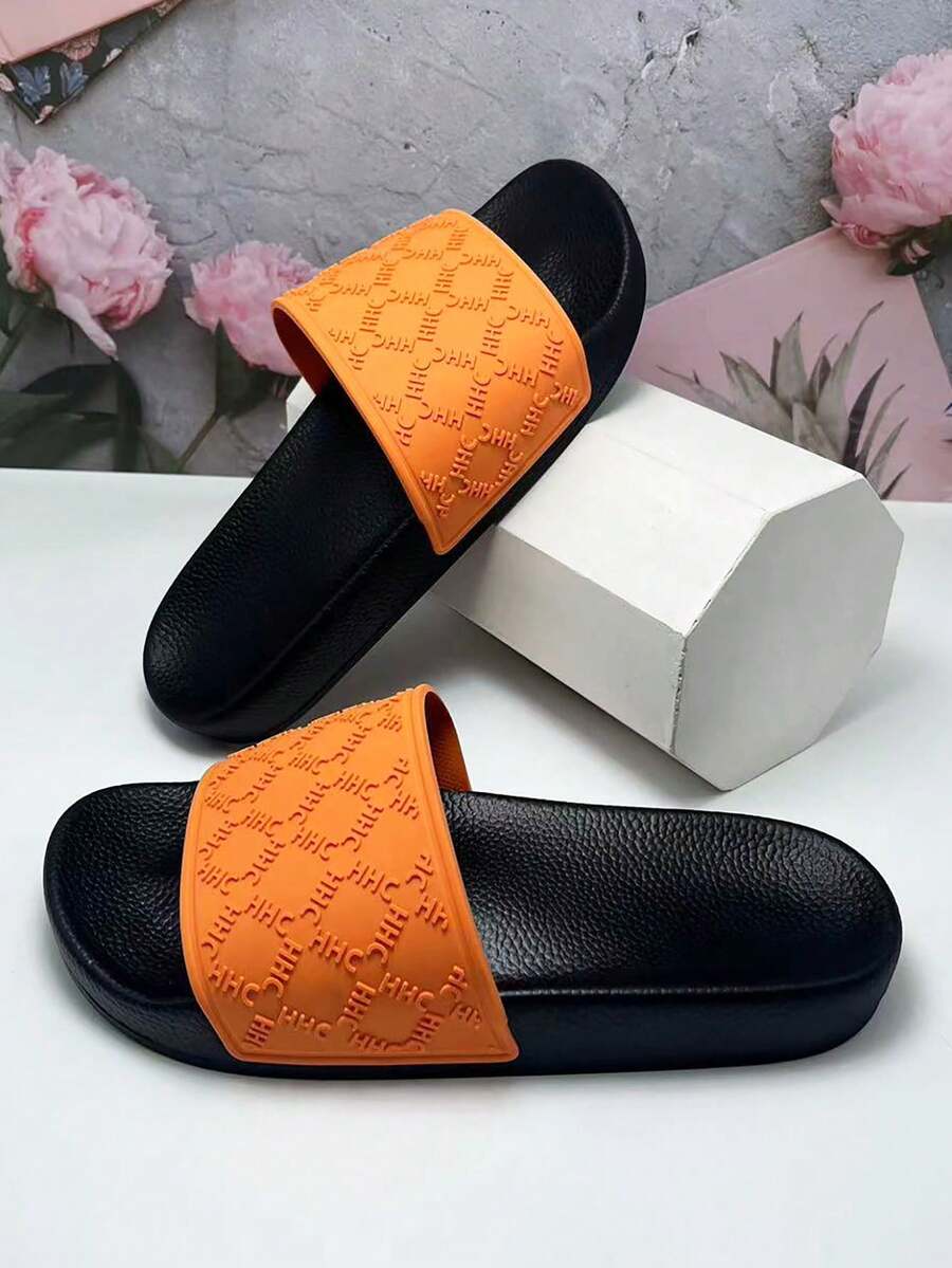 女士时尚拖鞋，纯色字母印花，橡胶鞋底，柔软轻便，室内家居拖鞋，舒适休闲户外凉鞋，适合海滩、派对、散步等场合。