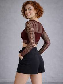 Women's Cropped Blouse In Sheer Mesh, Perfect For Vacation, Beach, And Home. - Redwood - View 2