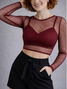 Women's Cropped Blouse In Sheer Mesh, Perfect For Vacation, Beach, And Home. - Redwood - View 7