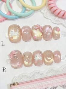 10 PCS 3D Cat Press On Nails Cartoon White Cat Soft Pink Gradient-Style Cat-Eye Fake Nails For Daily Wear - Multicolor - View 3