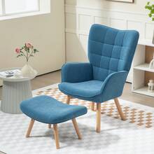Sofa-Chair With Footstool, Wooden Legs, Relaxing Seat With A Pleated Design, Suitable For The Living Room Or Bedroom. Blue - Blue - View 1