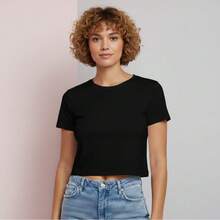 Women's Cropped Top, 100% Cotton, Basic, Plain, Round Neck. - Black - View 4