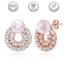1 Pair Elegant & Luxurious 925 Sterling Silver Hoop Earrings With Synthetic Zirconia Stone, Suitable For Daily, Party, Holiday, Date, Gift - Rose Gold - View 3