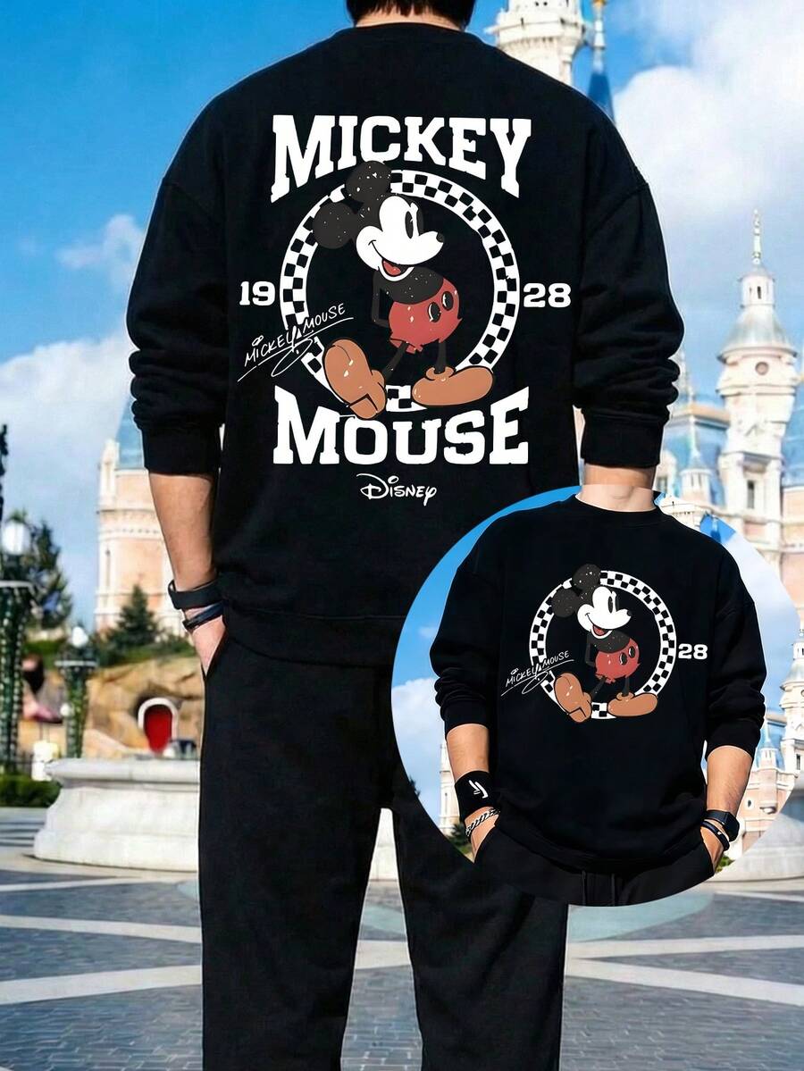 Men's Crew Neck Sweatshirt And Sweatpants Set, Disney Mickey Mouse Letter And Mickey Mouse Print, Streetwear, Sportswear, Sportswear, Comfortable Men's Hoodie And Sweatpants Two-Piece Set, The Best Gift For Men. - Black - View 1