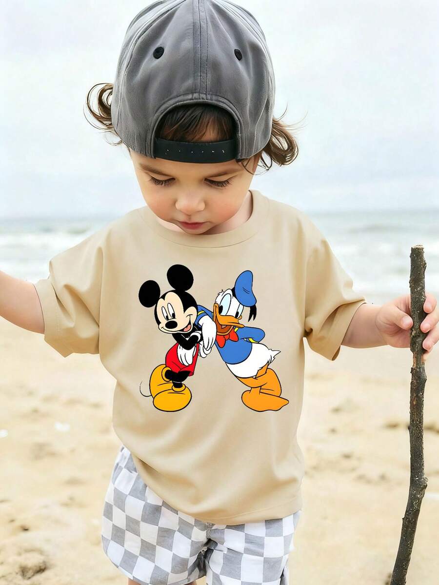 Disney Playful Mickey Mouse & Donald Duck Toddler Boys' T-Shirt, Khaki Contrast Print Crew Neck Short-Sleeve, Versatile Top For Beach Outings - 杏色 - 查看 1