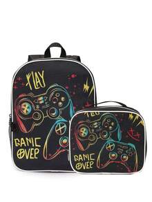 Kids' Fashion Backpack & Lunch Bag Set, Race Car Design, Classic Art Illustration, Adjustable Padded Shoulder Straps, Zipper Closure, Reusable Lunch Box, Suitable For Boys - Black - View 1