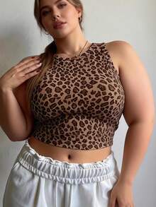 Plus Size Women's Sleeveless Casual Leopard Print Fitted Cropped Top, Summer - Khaki - View 5