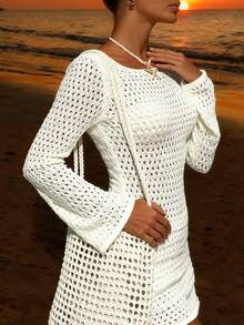 Women's Knitted Hollow Out Sweater Dress, Long Sleeve Semi-Sheer Pencil Mini Skirt - Cream - View 5