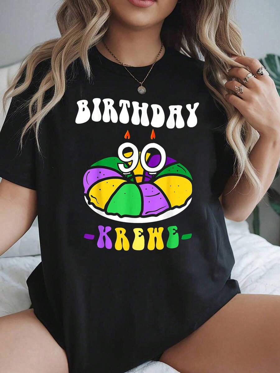 Torta del Rey de Mardi Gras, 90 cumpleaños, cumpleaños KREWE Camisetas de Mardi Gras Camisetas 2026 Conjuntos de primavera y verano para mujeres, blusas negras tees - Negro - Ver 1