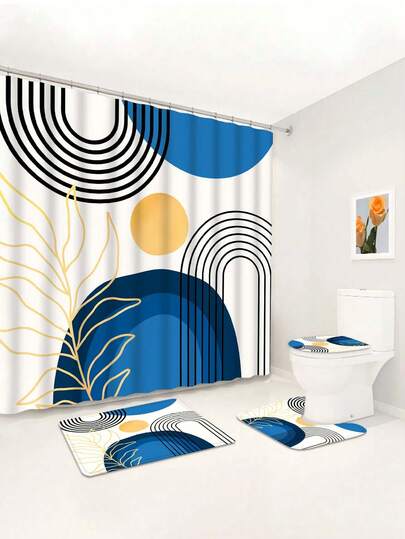 1/4 Pcs Modern Minimalist Abstract Blue & Gold Geometric Pattern Printed Waterproof Shower Curtain, Tapestry Wall Hanging, Non-Slip Bath Mat, Toilet U-Shape Mat, Elegant Modern Home Bathroom Decor, Polyester Fabric, Machine Washable, Comes With 12 Curtain Hooks, Suitable For Hotel, Apartment, Home, All Seasons, Great Gift For Friends & Family