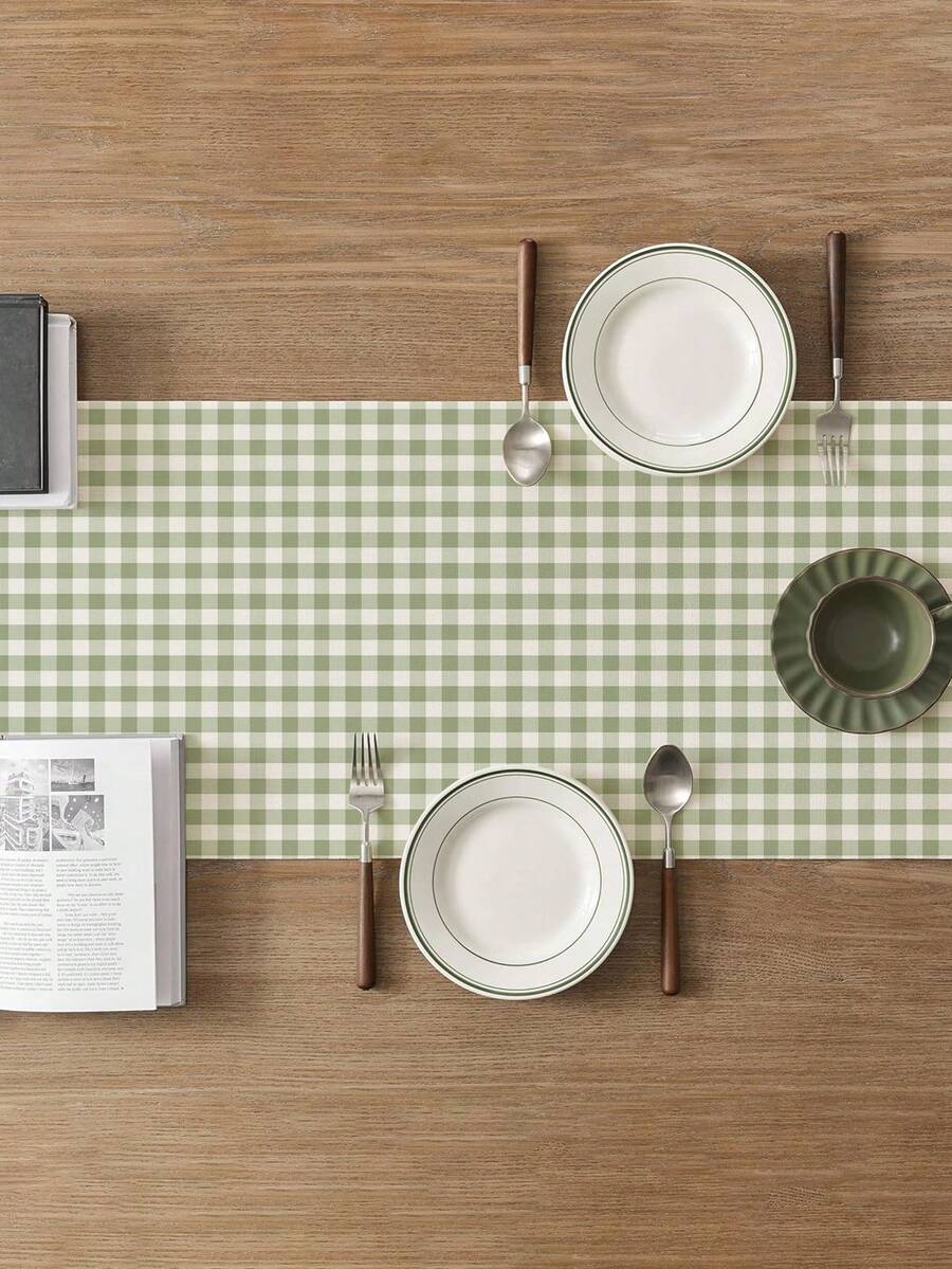 1pc Modern Minimalist Plaid Table Runner, Rectangular Tablecloth, Available In Multiple Sizes, Suitable For Home Dining, Home Decor, Outdoor Parties And Restaurant Decoration, Perfect Gift For Outdoor Dining Table Setting, Linen-Like Texture - Light Green - View 1