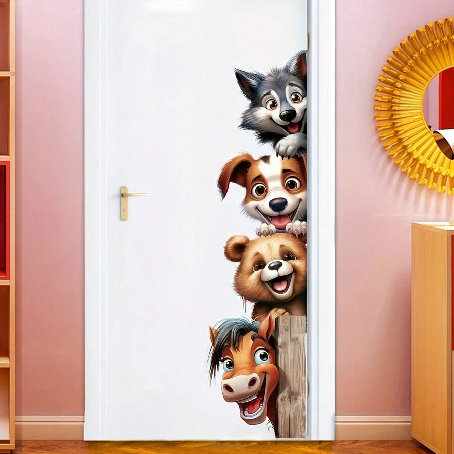 1pc Funny Animal Door Decal, Cute Dog, Tiger And Donkey, Self-Adhesive Removable, Suitable For Bedroom, Living Room, Kids Room Doors, Tear-Proof PVC Material; Humorous Animal Trio Wall Sticker, Door Decal Set, Unique Removable, Add Fun To Your Home - BR0908F - View 1