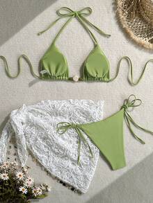 两件装椰树热带印花波西米亚风优雅休闲性感露背抹胸比基尼，适合海滩、约会之夜、度假、生日派对、夏季挂脖式女士比基尼套装，带编织泳衣 - 橄欖綠 - 查看 4