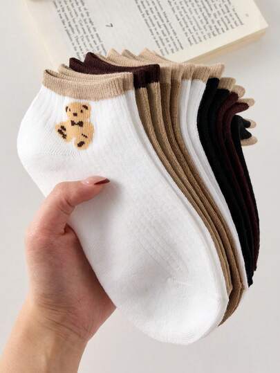 5 Pairs Women's Cute Bear Pattern Ankle Socks, Suitable For All Seasons, Random Colors