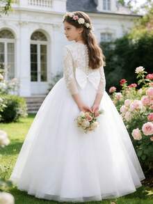 Girls' Floral Embroidered Bowknot Long Sleeve Mesh Formal Dress, Suitable For Flower Girl, Wedding, Festival, Prom, Spring/Summer - White - View 5