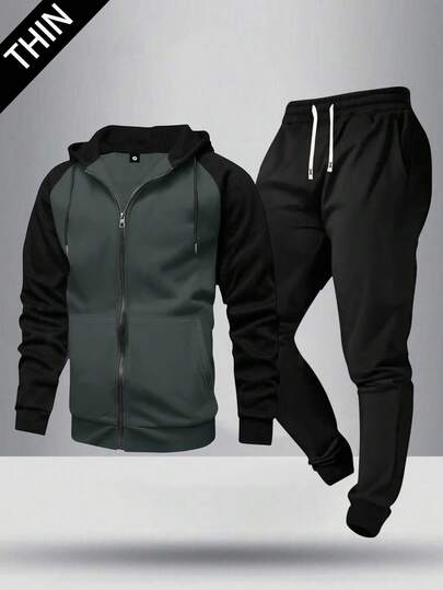 Conjunto de chaqueta con capucha con cremallera y pantalones de color contrastante y parches de personalidad, ligero para primavera/verano, moda casual deportiva con cordón en la cintura y bolsillos, pantalón slim, dos piezas, adecuado como regalo para esposo o novio