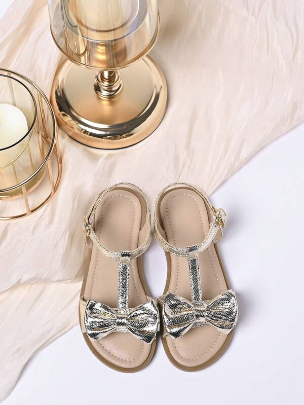 1 Pair New Fashion Versatile Shiny T-Strap Bow Flat Sandals, Suitable For Summer, Vacation, Wedding, Stage, Daily Wear