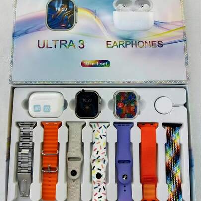 El pack más vendido del smartwatch 10 en 1 Watch Ultra incluye auriculares Bluetooth, 6 correas, una caja y un cargador magnético. Totalmente funcional, ideal tanto para uso deportivo como profesional, es un regalo ideal para Año Nuevo o San Valentín para hombres.