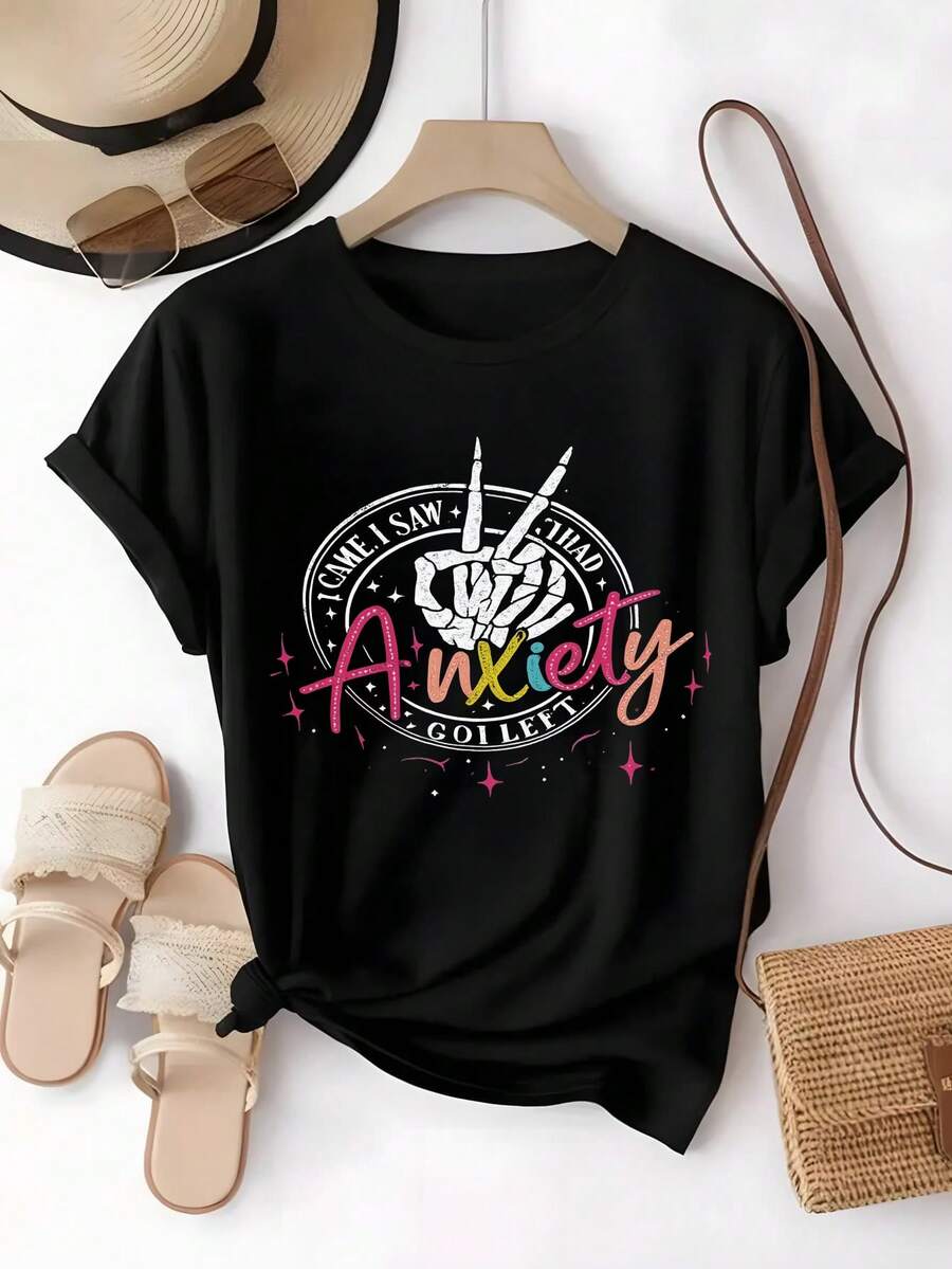 Playera de mujer, calavera, texto Anxiety, casual, holgada, uso diario, callejeo, jóvenes, moda juvenil, 2026, look informal, día de los muertos,blusas para mujer,blusas elegantes dama,tops,playeras de mujer,blusas curvy mujer. - Negro - Ver 1