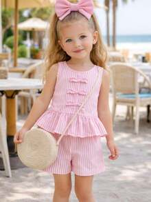 Children's Striped Set: Peplum Top With Bows + Striped Shorts - 粉色 - 查看 3