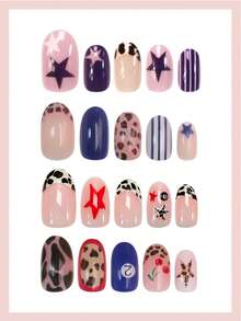 96pcs (4 Assorted Designs) Oval Acrylic Nail Tips, Leopard Print, Stripes, Cherry, And Star Patterns, French Manicure, Perfect Fit, Set Includes: 1 Gel Polish And 1 Nail File. Star And 8-Ball Short Nails Make Your Fingertips Shine Beautifully, Suitable For Parties, Dancing, And Everyday Use. Nail Supplies - Multicolor - View 3