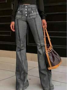 Women's Casual Wash Dark Blue Stretch Micro-Cropped Jeans With Pockets,Christmas Outfit Women,Thanksgiving Outfit Women,Old Money Style Women,Retro Millennium,Going Out Tops Women,Valentine's Day, - Xám - Xem 4