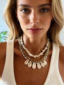 1/3pcs Fashionable Bohemian Beach Ocean Series Pearl Seashell Starfish Beaded Necklace Set, Women Everyday & Holiday Accessory - Multicolor - View 4