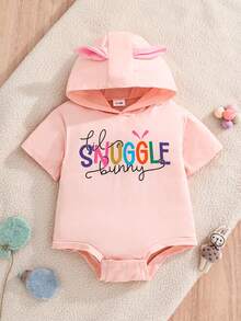 女婴浅粉色短袖连体衣，带可爱兔耳朵帽设计 - 淺粉色 - 查看 1