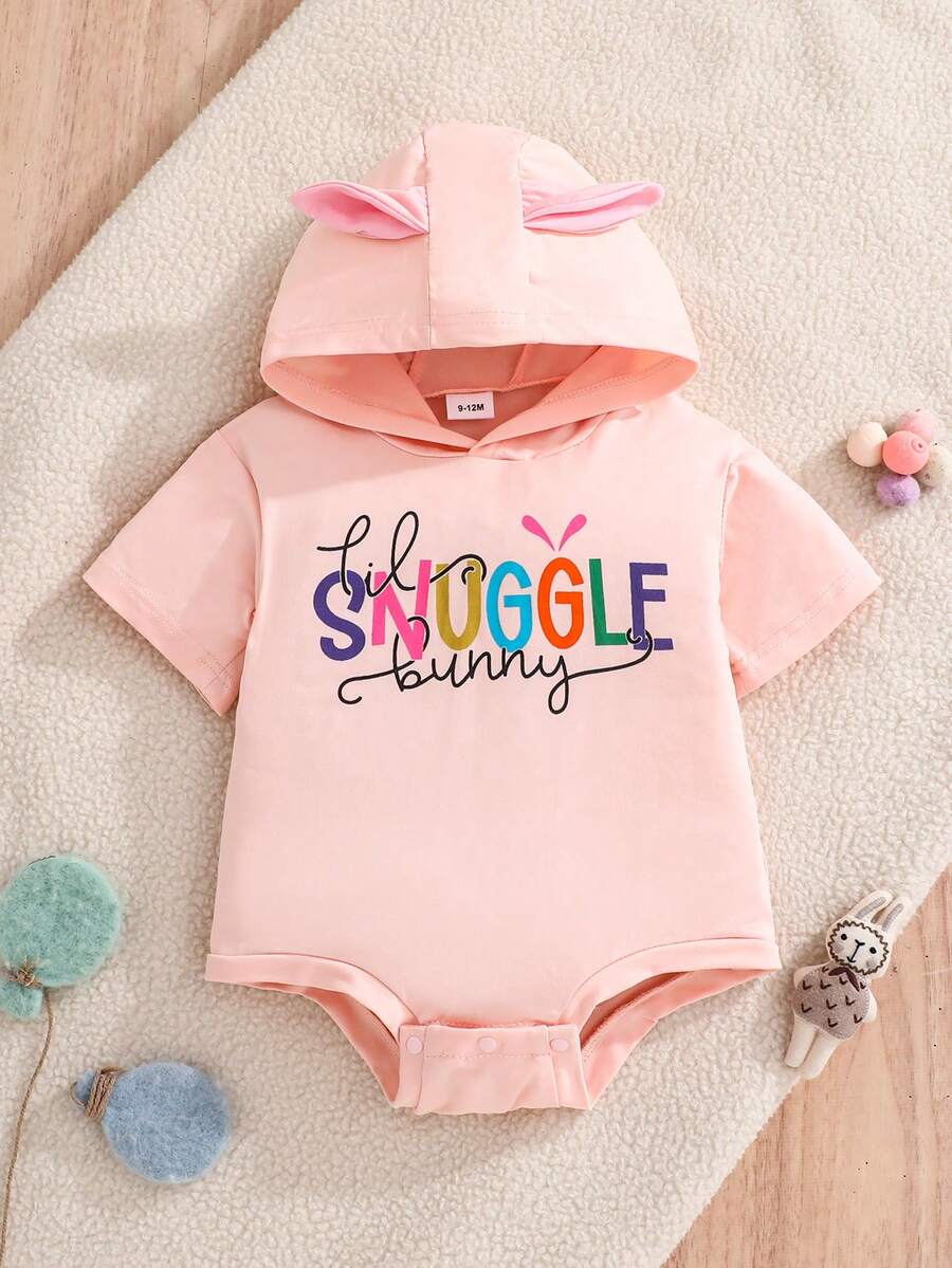 女婴浅粉色短袖连体衣，带可爱兔耳朵帽设计 - 淺粉色 - 查看 1