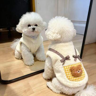 1pc Pocket Bear & Dog Plush Hoodie, Cute Bow Decor, New Spring/Autumn/Winter Pet Clothes For Small Cats & Dogs Like Teddy, Comfortable & Warm