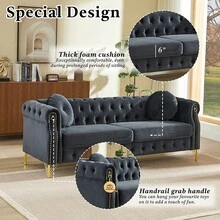 Modern Velvet Chesterfield Modular Sofa Couch Set With Tufted Button Back, Copper Stud Trim, Metal Legs & Decorative Armrest Rings, Spring Cushion Living Room Sofa, Single Seat, Loveseat & 3 Seater Upholstered Couch For Home Apartment - 黑色 - 查看 4