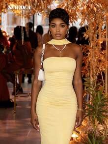 Đầm nữ màu vàng, dây mảnh, hở lưng, dài ngang gối, kiểu dáng gợi cảm và thanh lịch, thích hợp cho các bữa tiệc mùa xuân/hè, đám cưới, lễ hội âm nhạc và các dịp trang trọng. - Màu Mù tạt vàng - Xem 4