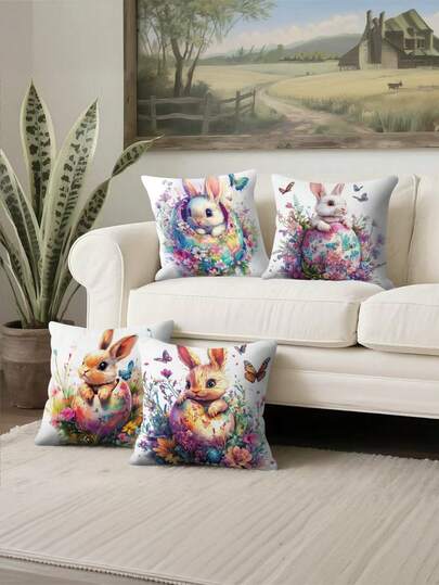 4件套复活节抱枕套，复活节彩蛋兔子花朵图案抱枕套，节日装饰沙发靠垫套，家居装饰，房间装饰，办公室装饰，客厅装饰，沙发装饰，不含枕芯，单面印花