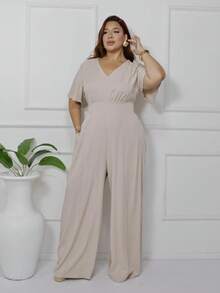 Women's Plus Size Plain Long Jumpsuit, Wide Leg, Short Sleeve, V-Neck, Ruched Front, Comfortable - 米色 - 查看 3