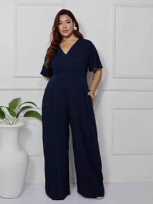 Women's Plus Size Plain Long Jumpsuit, Wide Leg, Short Sleeve, V-Neck, Ruched Front, Comfortable - 藏蓝色 - 查看 2