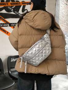 New Women Thick Chest Bag, Large Capacity Cotton Crossbody Bag, Fashion Waist Bag, Diamond Stitching Couple Chest Bag - Silver - View 2