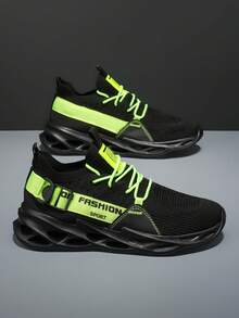 Men's Breathable Hollow Knit Casual Sports Running Shoes, Suitable For All Seasons - Black and Green - View 6