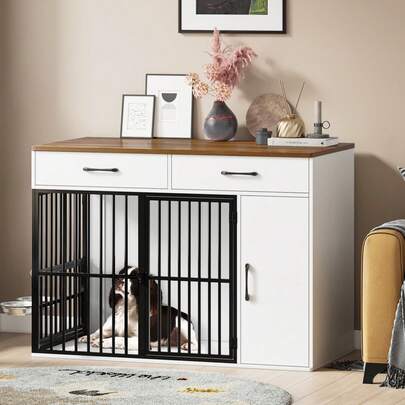 Dog Crate Furniture,Large Wooden Dog Crate With Drawers, Side Cabinet & 360°Rotating Bowls,Indoor Heavy Duty Dog Kennel With Double Doors,End Table Style, 120x60x86cm