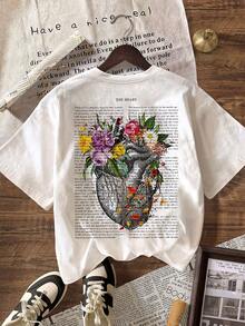 Áo thun nữ cỡ lớn cổ tròn tay ngắn kiểu dáng thường ngày với họa tiết trái tim hồi sinh, màu trắng cho kỳ nghỉ hè đi biển. - trắng - Xem 2