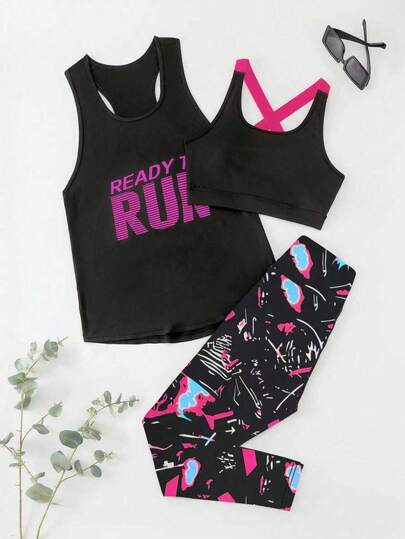 女式纯色拼布休闲针织上衣和裤子运动套装