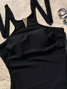 Women's Summer Vacation Series French Elegant Black Spaghetti Strap Metal Decor One-Piece Swimsuit, Mature Style Holiday Swimwear Beach Photo Fashionable Swimsuit Set - Black - View 4