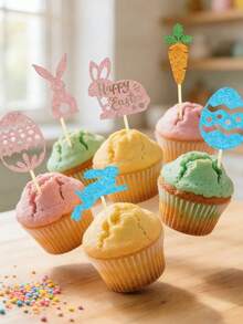 12/6pcs Easter Cake Toppers - Glitter Bunny, Carrot, Egg Cupcake Picks; Easter Cake Decorations, Easter Dessert Table Decor, Easter Home Baking DIY Decor, Easter Gifts Sweets Decor, Easter Atmosphere Decor Accessories, Easter Decorations, Suitable For Easter Party Decor Picks, Birthday Cake Decor Accessories, Spring Picnic Dessert Picks, Holiday Atmosphere Decor Props - Multicolor - View 10
