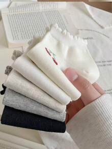 5 Pairs Girls' Cute Cherry Pattern Ruffle Trim Ankle Socks, Fashion Ins Style Comfortable White Socks, Random Color, Suitable For All Seasons - Multicolor - View 2